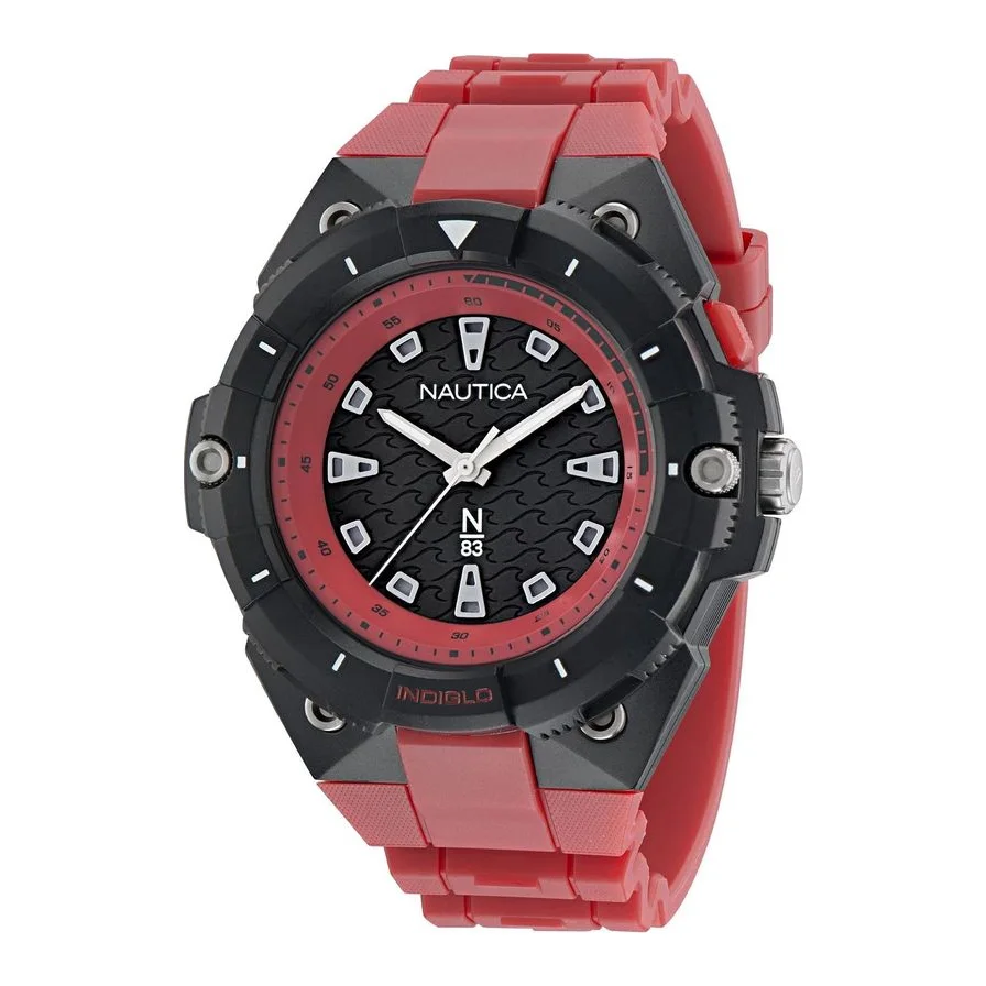 Ceas Nautica N83 Corobado Bay, mecanism Quartz, rezistent la apa 10 ATM, curea cauciuc rosu, cadran negru