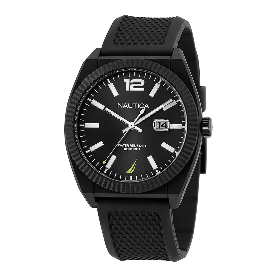 Ceas Nautica Pacific Beach, sport elegant, negru, luminescent, curea poliuretan si grau, 10 ATM, data cu lupa