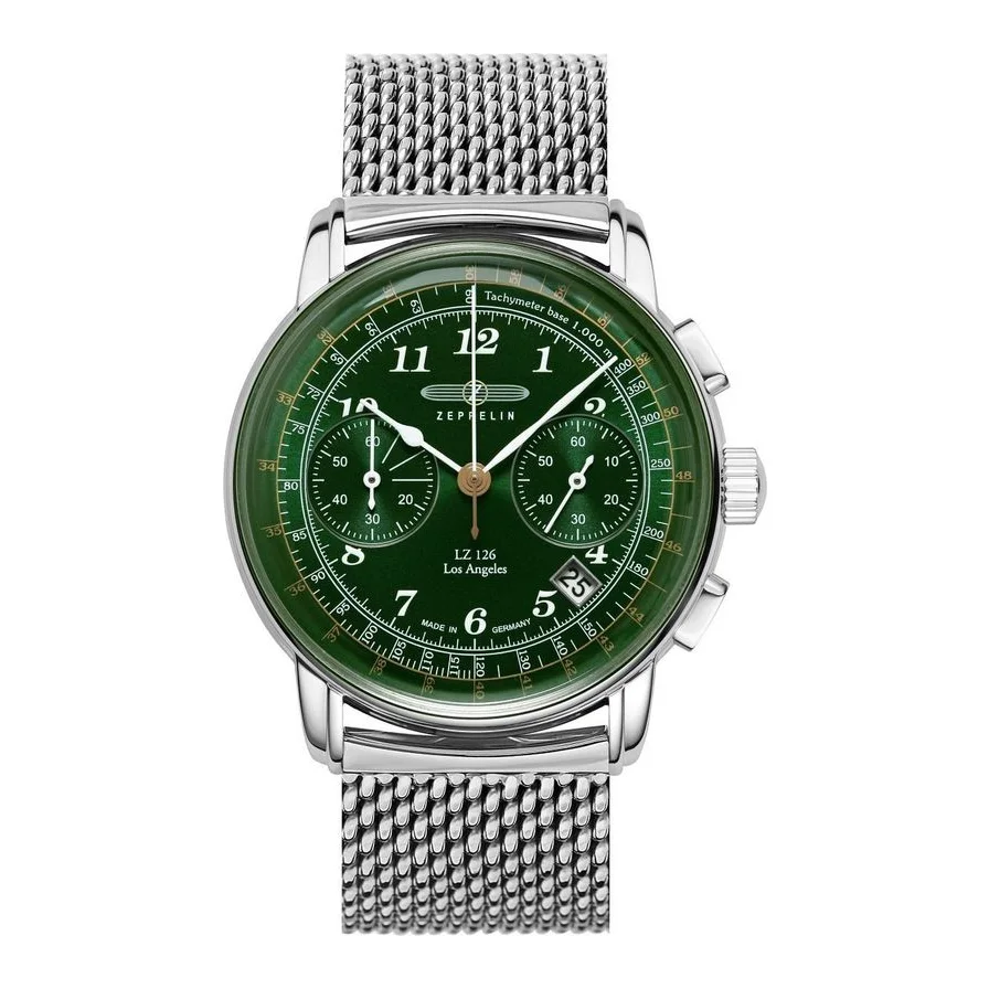 Ceas Zeppelin LZ 126 Los Angeles Chronograph, mecanism quartz, cadran verde, bratara argintie, 42mm, inox