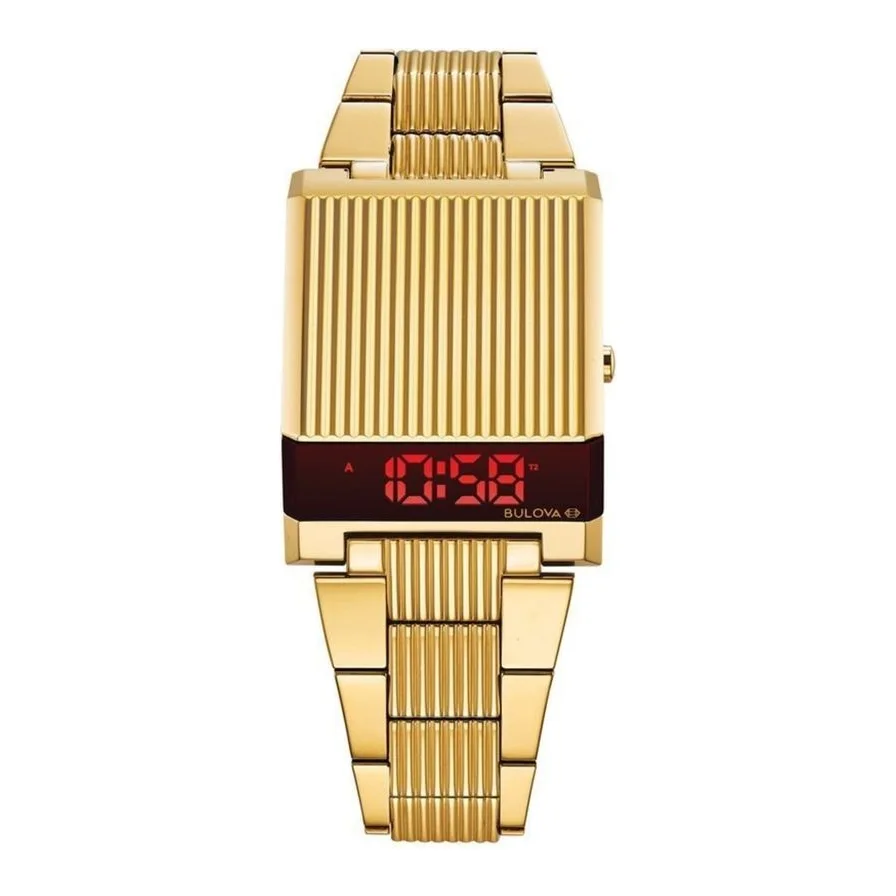Computron, Bulova, 38 mm, Mecanism Quartz, Digital, Inox, Auriu/Rosu