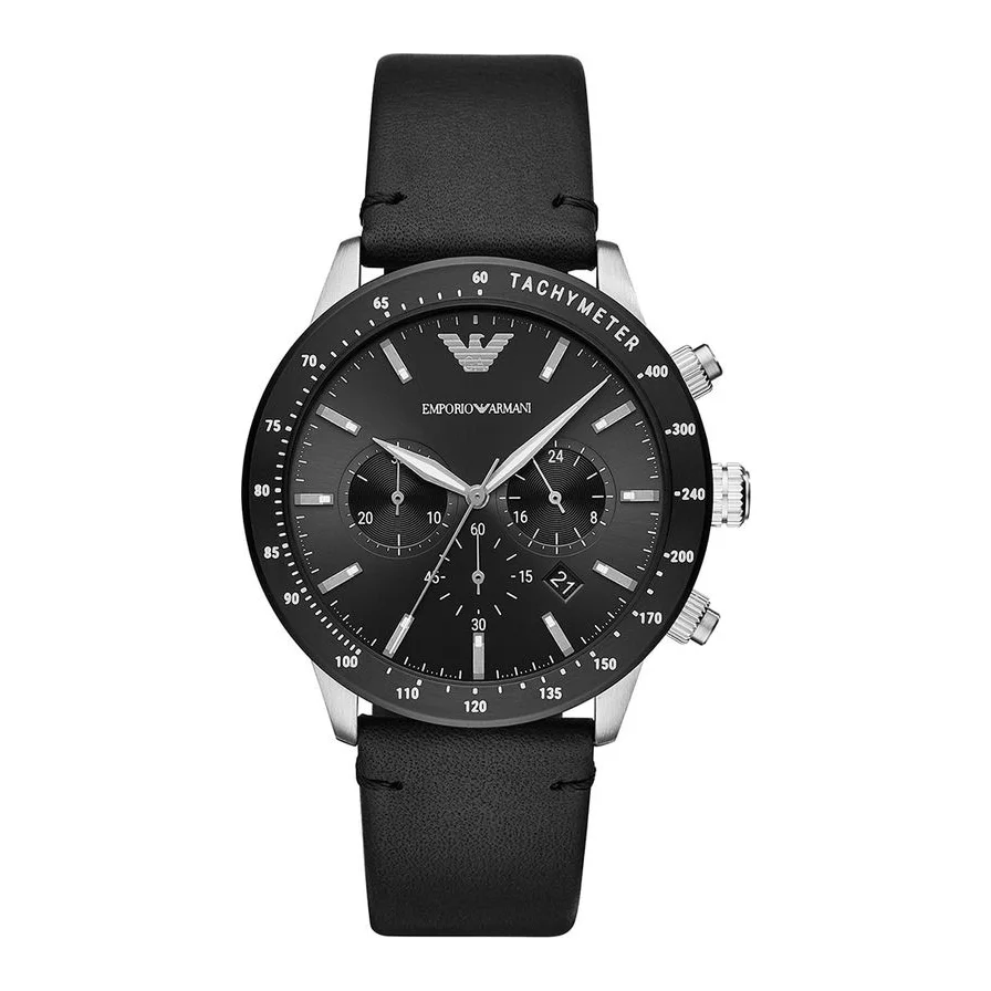 Emporio Armani cronograf cu o curea de piele, Negru
