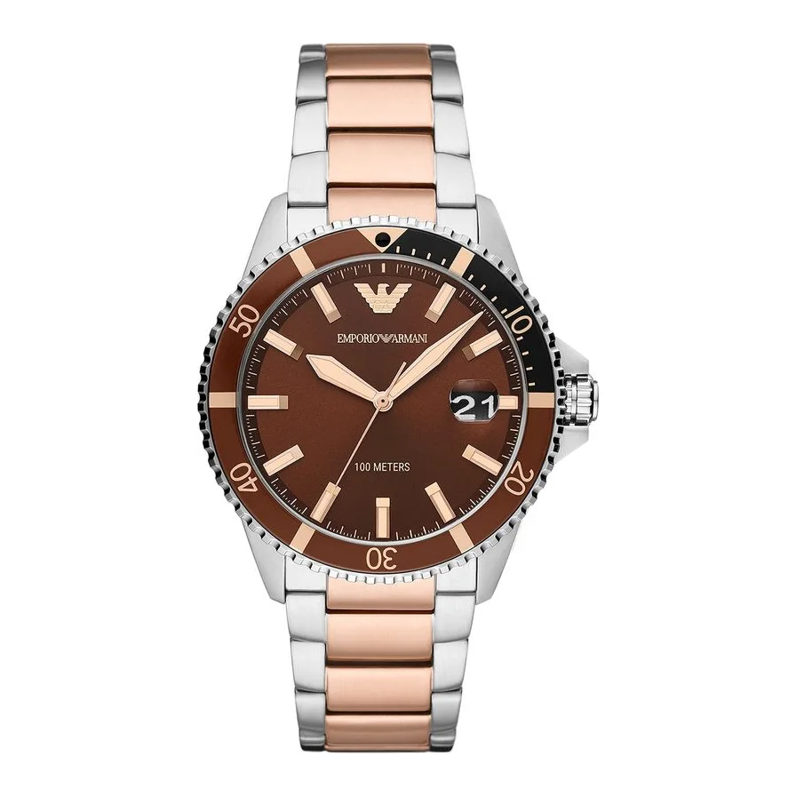 Emporio Armani quartz cu bratara de otel inoxidabil, Argintiu/Auriu/Maro