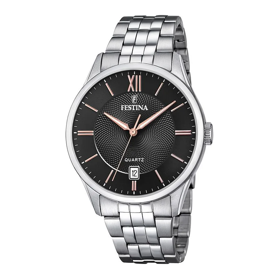Festina analog din otel inoxidabil, Argintiu inchis/Negru/Auriu rose