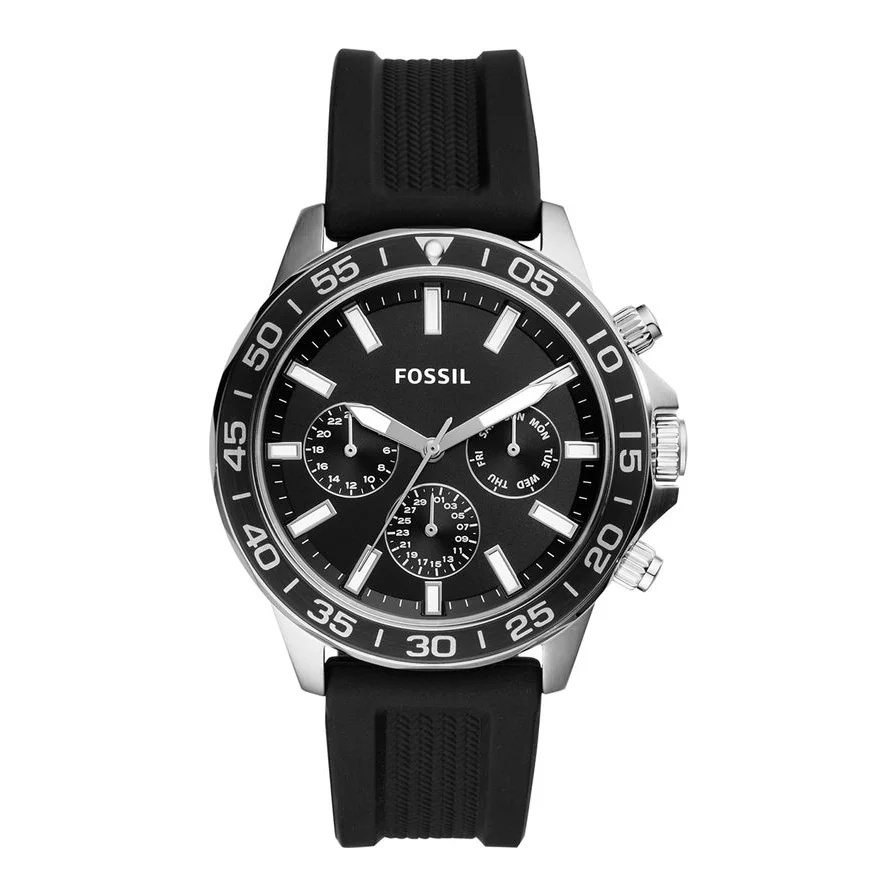 Fossil cu functii multiple si curea din silicon, Negru/Argintiu