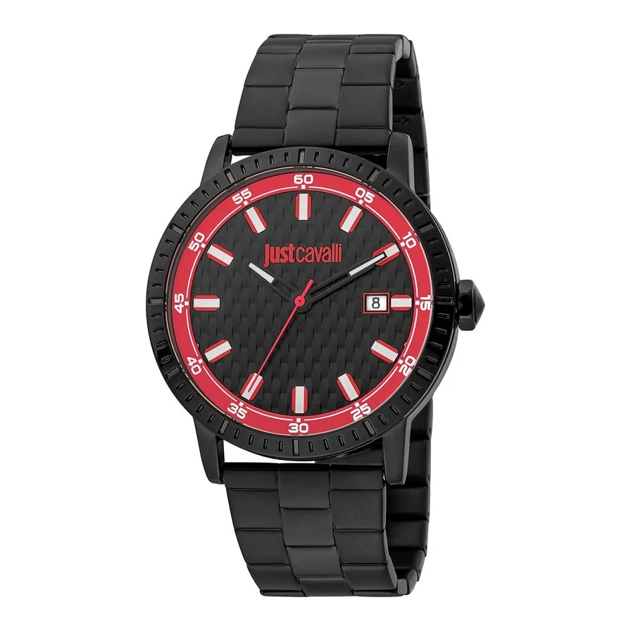 JUST CAVALLI analog cu bratara metalica, Negru, Rosu