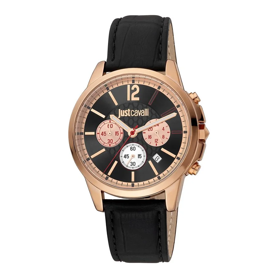 JUST CAVALLI cronograf cu o curea din piele, Negru, Auriu rose