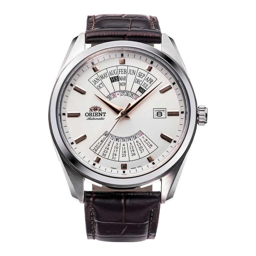 ORIENT mecanic cu curea din piele Contemporary, Maro inchis