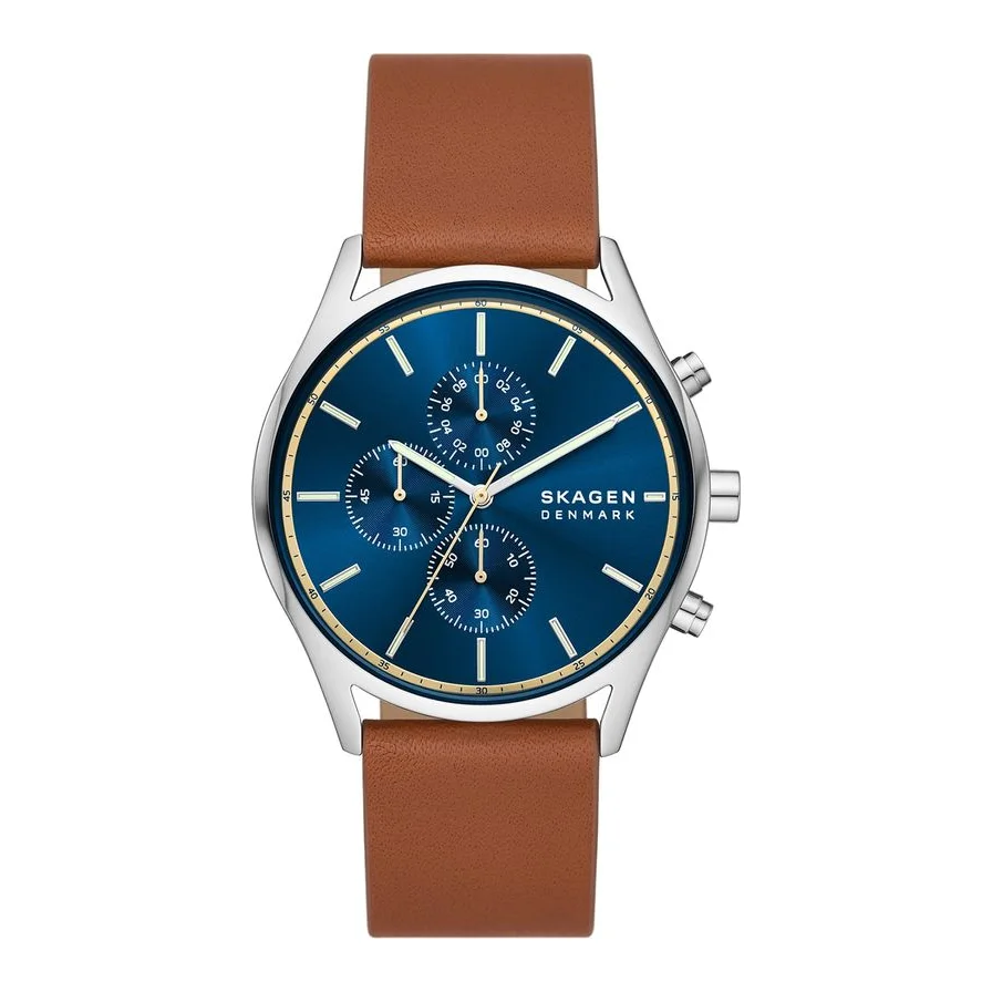 Skagen cronograf cu o curea de piele, Maro