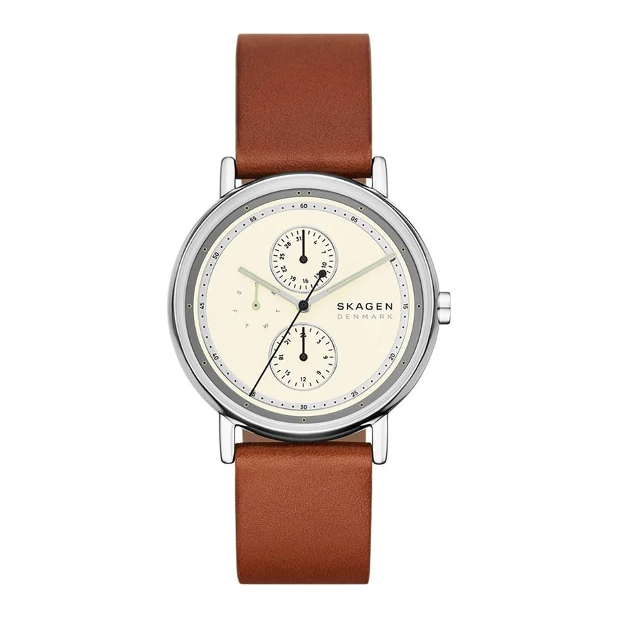 Skagen quartz cu o curea din piele, Argintiu, Maro