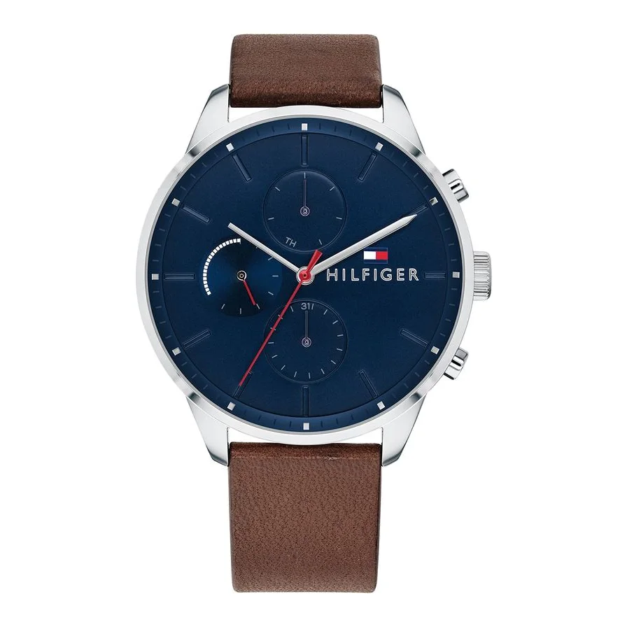 Tommy Hilfiger analog cu o curea de piele, Maro coniac/Argintiu/Bleumarin