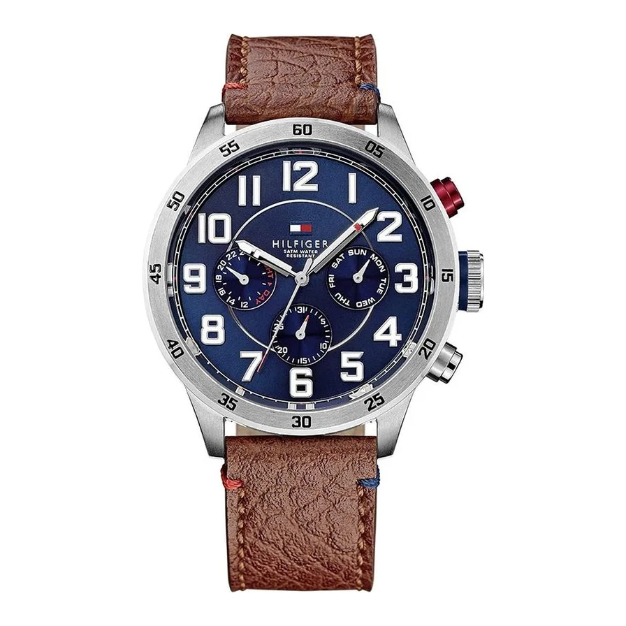 Tommy Hilfiger cu functii multiple si curea de piele, Maro inchis/Argintiu