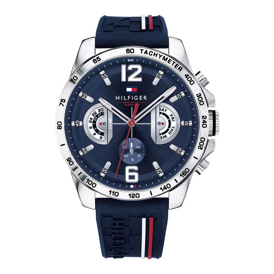 Tommy Hilfiger cu functii multiple si curea din silicon, Bleumarin/Argintiu