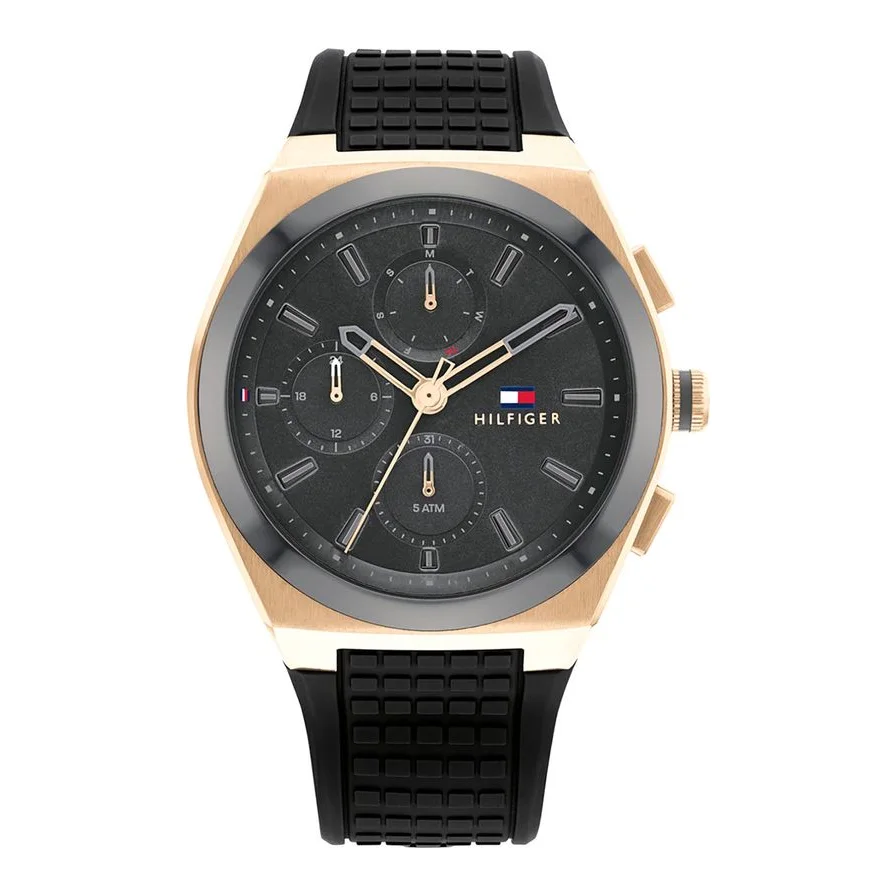 Tommy Hilfiger cu functii multiple si curea din slicon, Negru/auriu rose/argintiu inchis