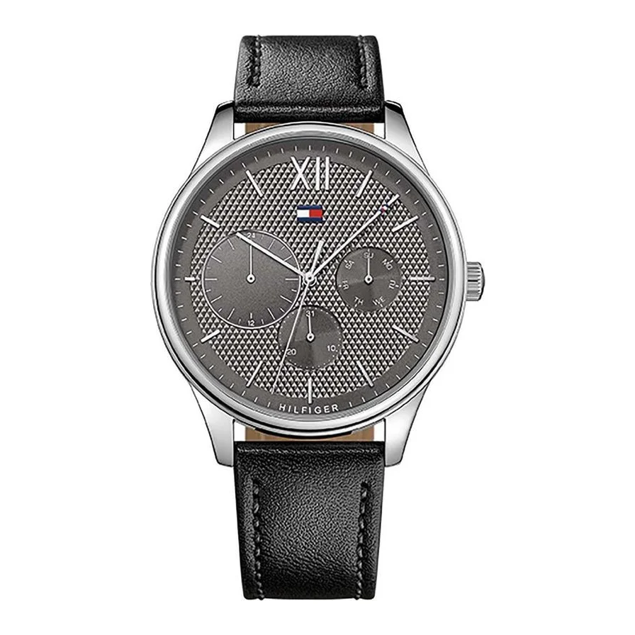 Tommy Hilfiger rotund cu o curea de piele, Negru/Argintiu